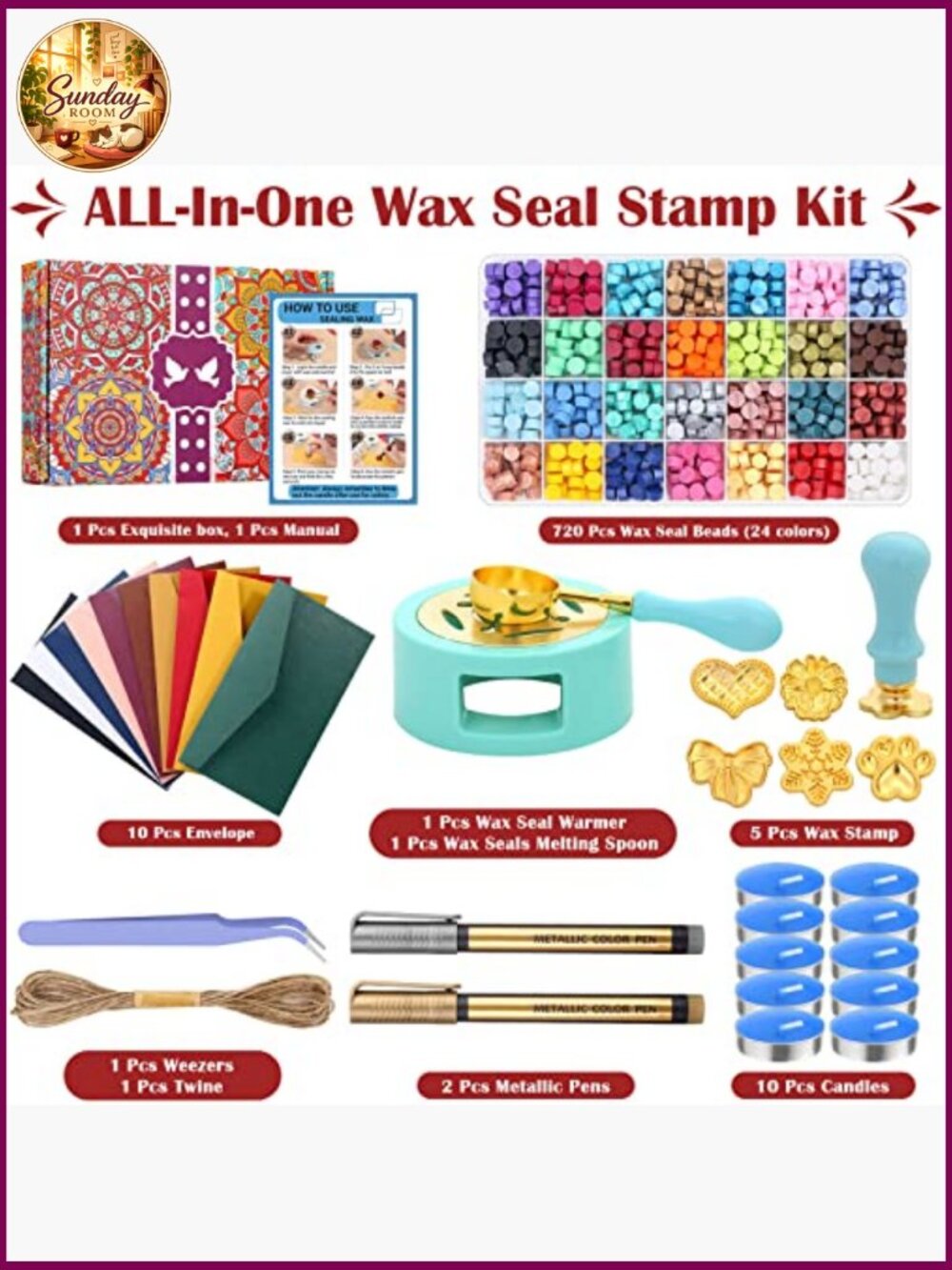 790pc Wax Seal Stamp Kit with Warmer, Beads, Stamps, Envelopes, Gift Box for - Picture 3 of 7